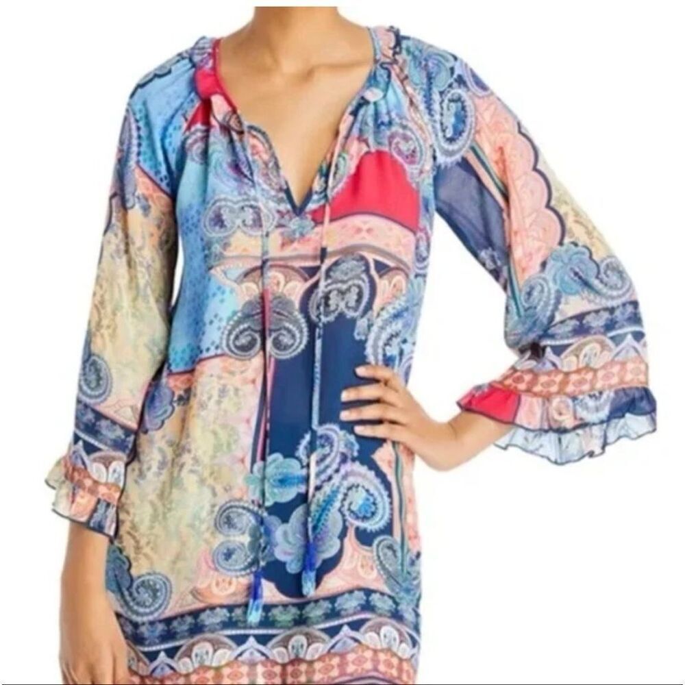 Johnny Was Daria blue cream tunic blouse BoHo chic Size L beaded tassels